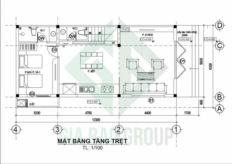 Sơ đồ thiết kế mặt bằng tầng trệt của mẫu nhà phố 3 tầng