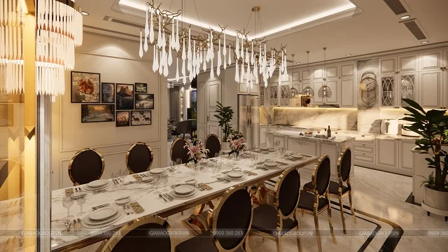 Phòng ăn tầng 2 với thiết kế nội thất tân cổ điển