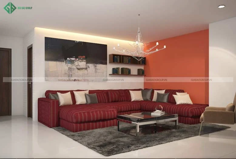 Thiết kế nội thất căn hộ Penthouse cho phòng khách với bộ ghế sofa màu đỏ sang chảnh và nổi bật