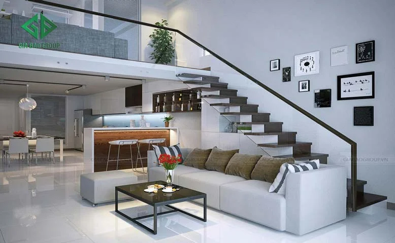 thiết kế nội thất nhà 1 trệt 1 lầu cho phòng khách với tông trắng xám vô cùng sang trọng