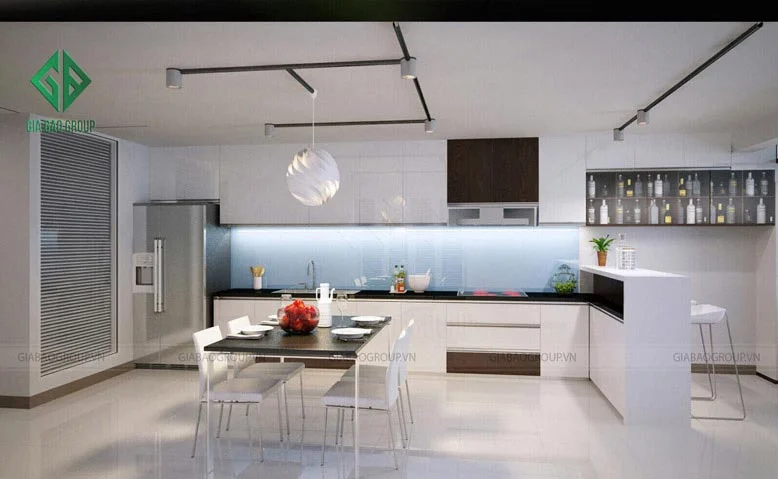 Thiết kế nội thất phòng bếp dạng chữ L mang đến không gian rộng cho nhà 1 trệt 1 lầu