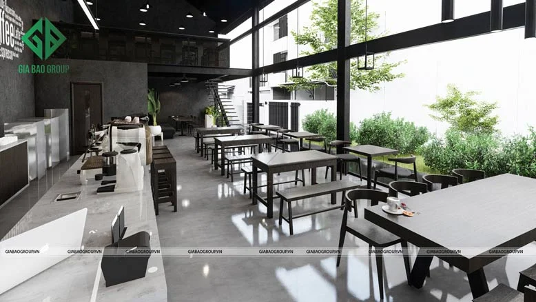 Thiết kế nội thất quán cafe đẹp cho bàn ghế đơn giản, sang trọng