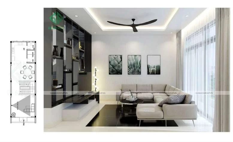 Phòng khách được thiết kế với gam màu đen trắng nổi bật và ấn tượng trong nhà phố 3 tầng