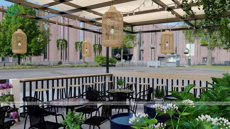 Kết hợp tiểu cảnh tăng thêm sự tươi mới cho thiết kế quán cafe đẹp